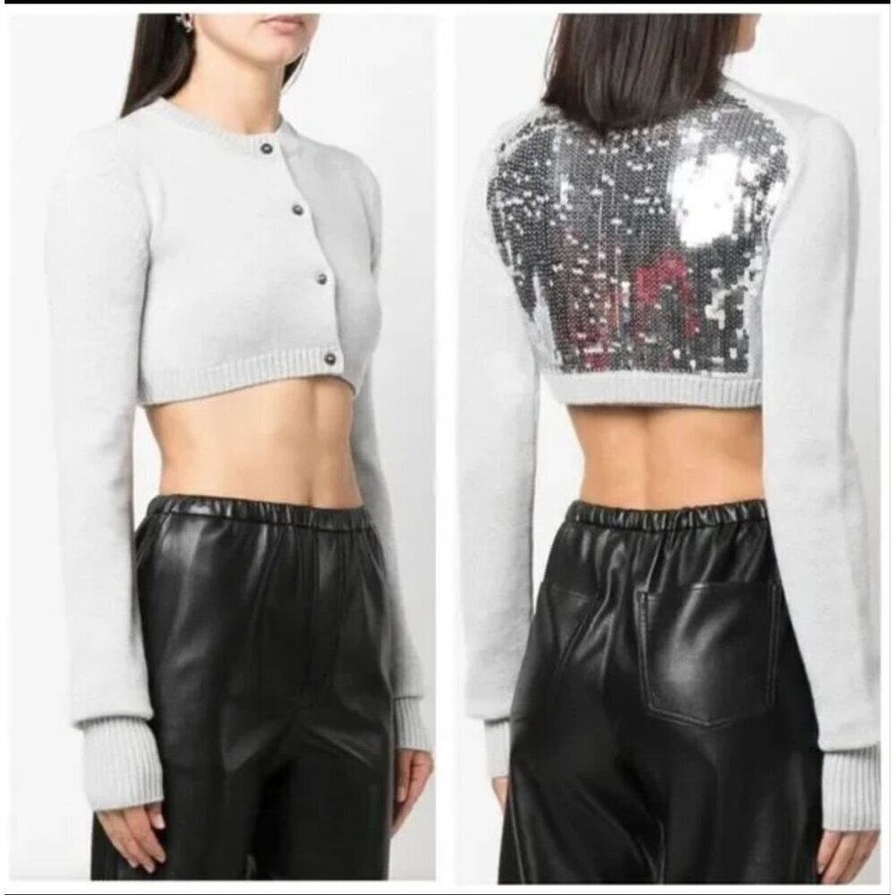 VAQUERA Cropped Knit Sequin Back Cardigan Grey Womens Size XS